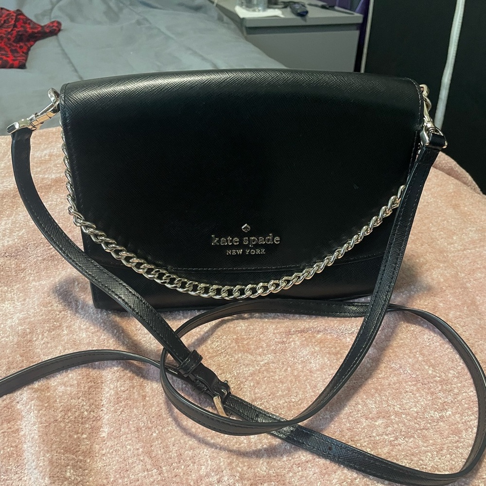 Kate Spade black crossbody purse with detachable strap & silver hardware